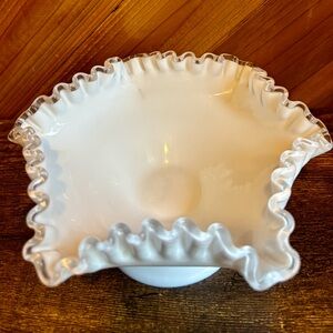 Vintage Fenton Silver Crest White Ruffled Glass Bowl with clear edge